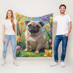 Mops Hund Vårblommor Målning Fleecefilt