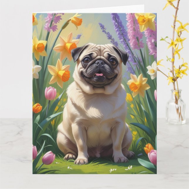 Mops Hund Vårblommor Målning Kort (Gul blomma)