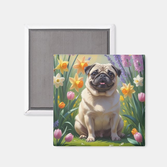 Mops Hund Vårblommor Målning Magnet (Front/Back)