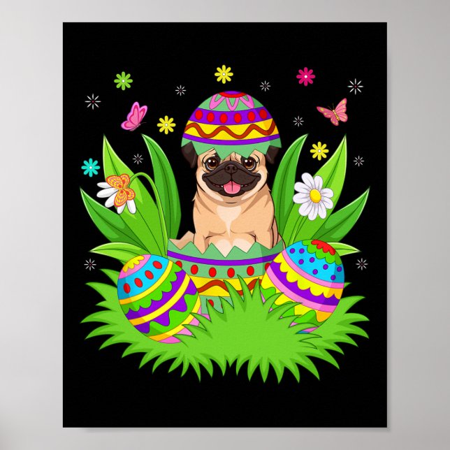 Mops Hundar Glad Påsk Kanin Äggjakt Mops Påsk  Poster (Framsidan)