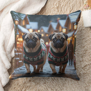 Mops hundar jul snö semester kudde