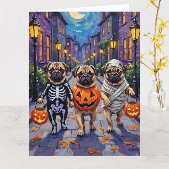 Mops-hundar som söker godis på Halloween Kort (Gul blomma)