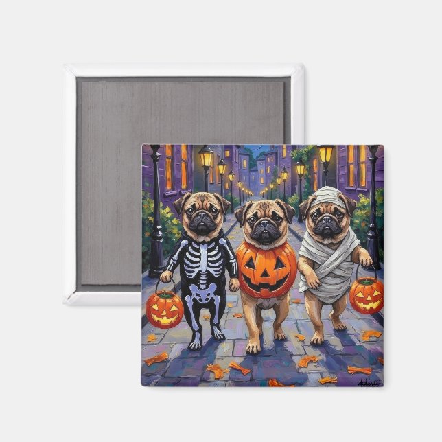 Mops-hundar som söker godis på Halloween Magnet (Front/Back)