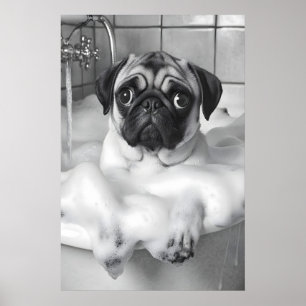 Mops i badkar Tryck, Rolig Badrum Hund Konst Poster