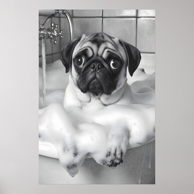 Mops i badkar Tryck, Rolig Badrum Hund Konst Poster (Framsidan)