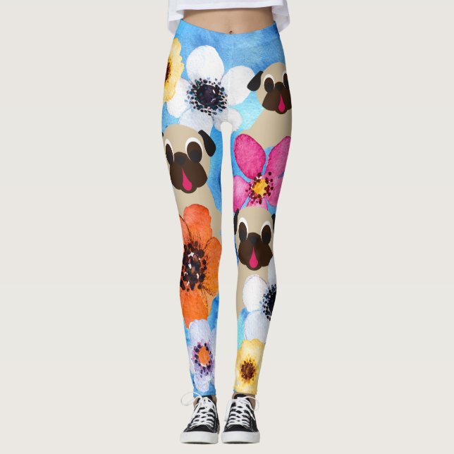 Mops i blomsterträdgård leggings (Framsida)