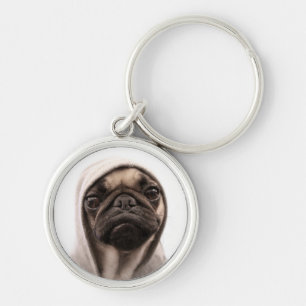 Mops i en Hoodie Rund Silverfärgad Nyckelring