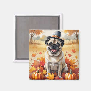 Mops i höstlöv tackgivandekonst magnet