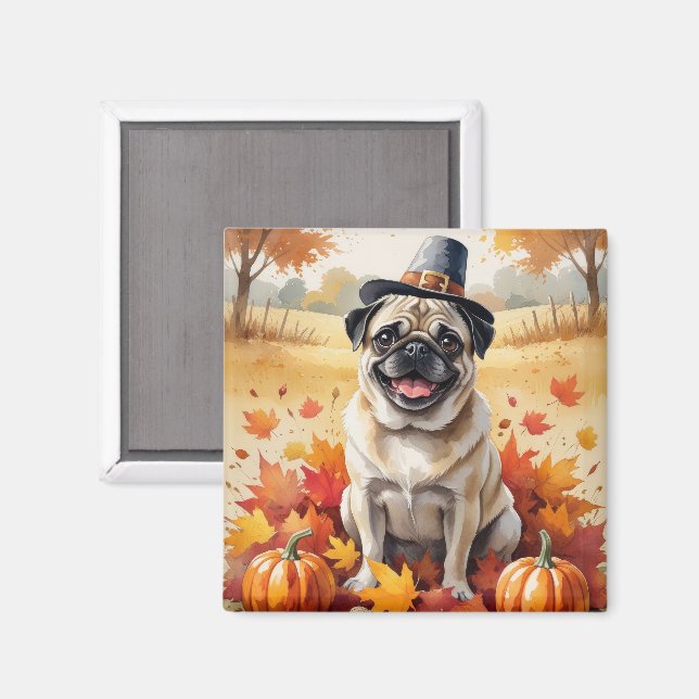 Mops i höstlöv tackgivandekonst magnet (Front/Back)