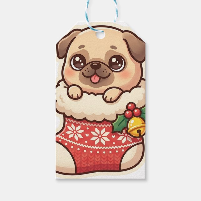 Mops i julstrumpa presenttagg presentetikett (Framsidan)
