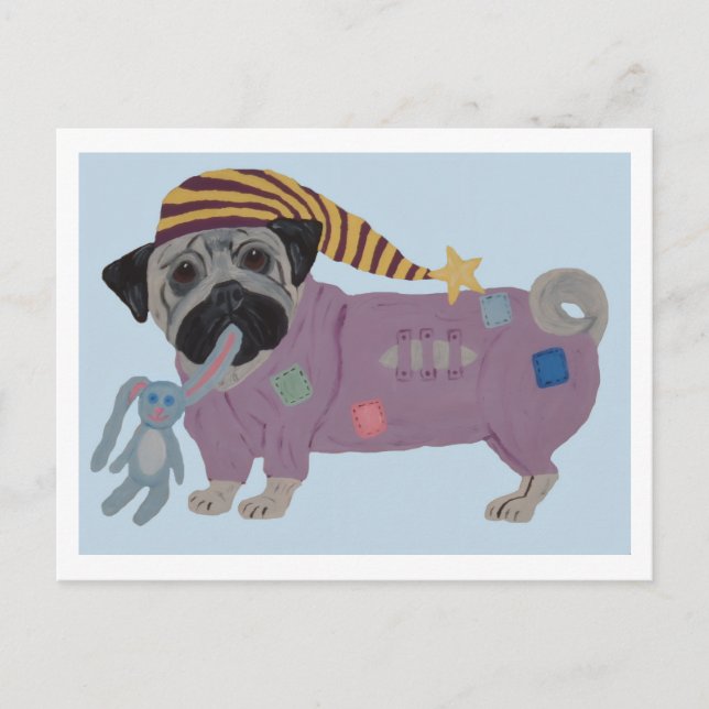 Mops i pyjamas vykort (Framsida)