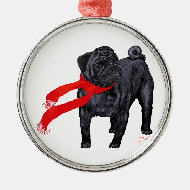 Mops i röd halsduk julgransprydnad metall (Framsidan)