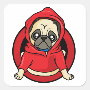 Mops i röd hoodie fyrkantigt klistermärke