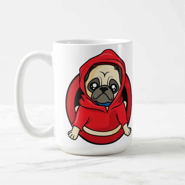 Mops i röd hoodie kaffemugg (Vänster)