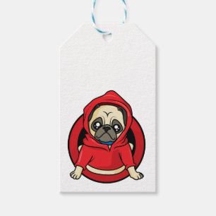 Mops i röd hoodie presentetikett