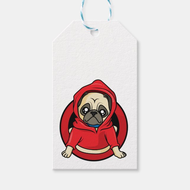 Mops i röd hoodie presentetikett (Framsidan)