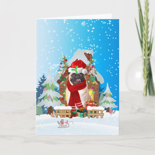 Mops i snö med julklappar  kort (Framsida)