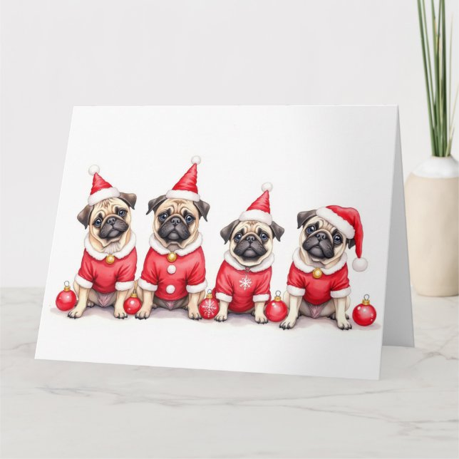 Mops julklänning tomtehatt kort (Framsida)