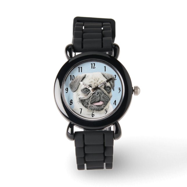 Mops-målning - Söt originell hundkonst Armbandsur (Framsida)