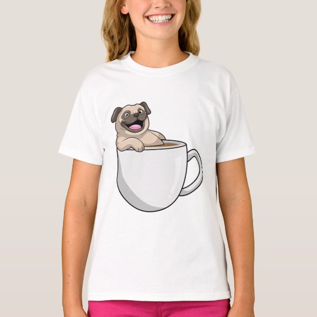 Mops med kopp kaffe t shirt (Framsida)