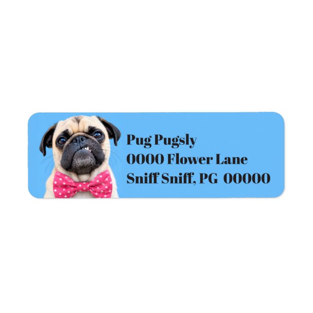 Mops med rosa rosett returadress etikett (Framsidan)