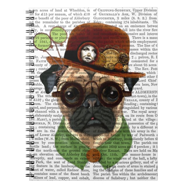 Mops med Steampunk Bowlerhatt Anteckningsbok Med Spiral (Framsidan)