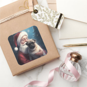 Mops med tomte festlig jul fyrkantigt klistermärke