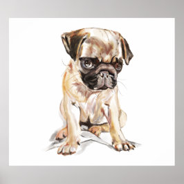 Mops minnestryck, akvarellmålning poster