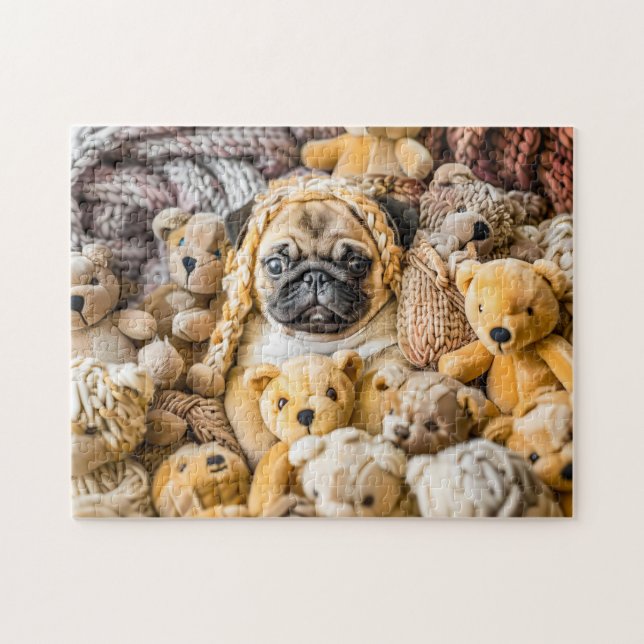Mops omgiven av gosedjur pussel (Horisontell)