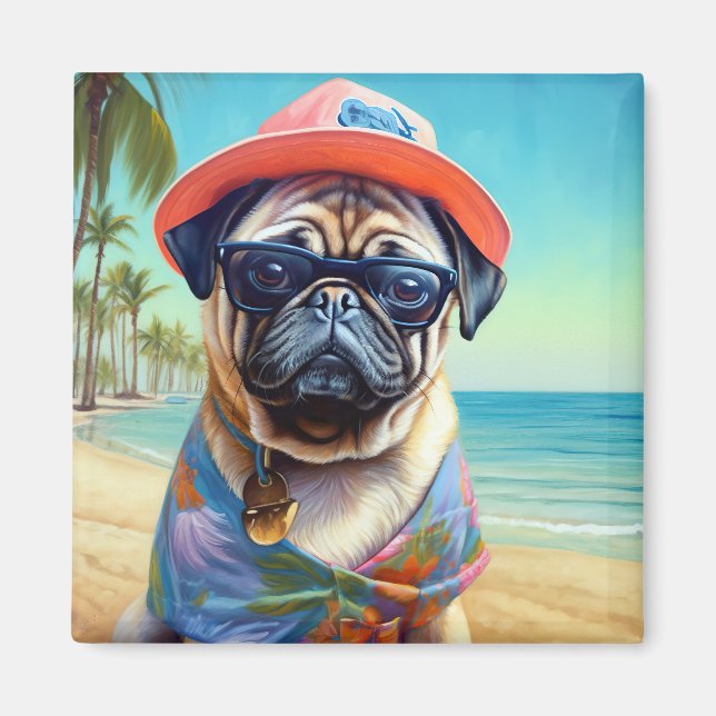 Mops på strand, sommarpresent till hundälskare  magnet (Framsidan)