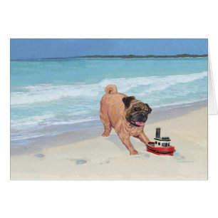 Mops på stranden hälsningskort