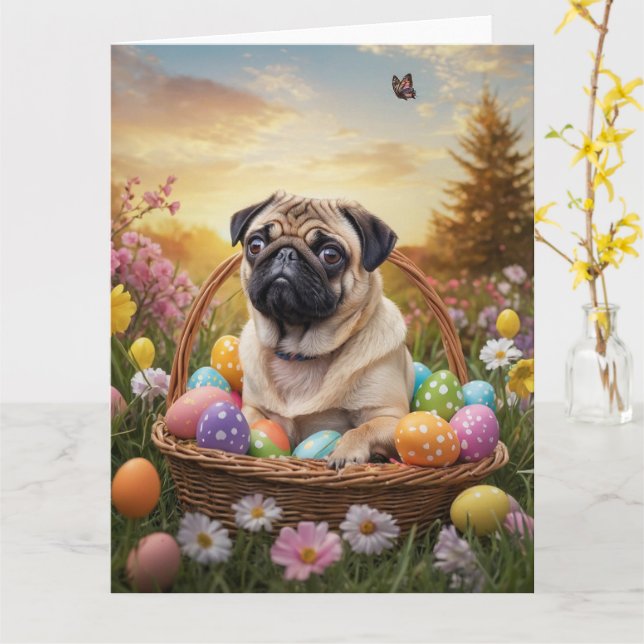 Mops påskägg kort (Gul blomma)