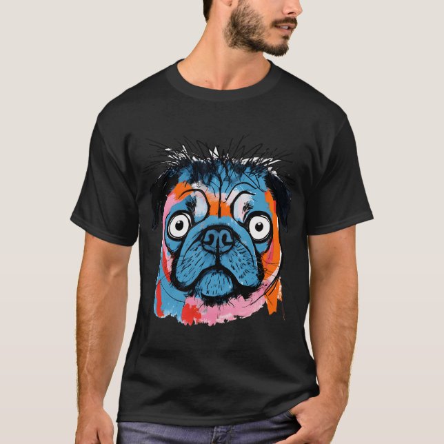 Mops Porträtt Färg Sprut T Shirt (Framsida)