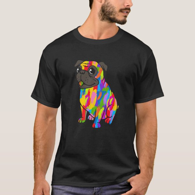 Mops Regnbågsfärg Djur T Shirt (Framsida)