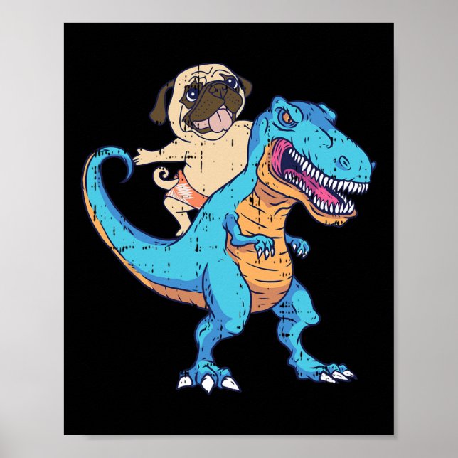 Mops Ridning T-Rex Surfing Dinosaur Rolig Hund Äga Poster (Framsidan)