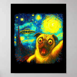 Mops Självporträtt Med Alien Ufo Rolig Stjärnklar Poster