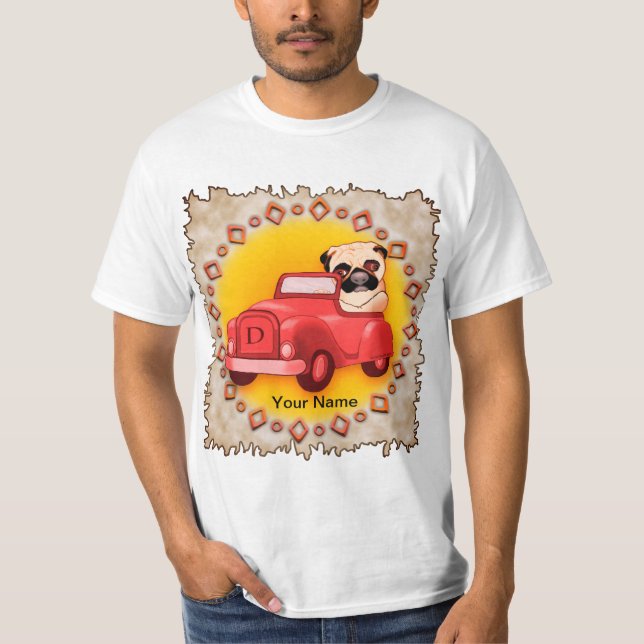 Mops som kör bil t-shirt (Framsida)