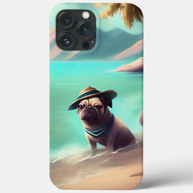 Mops som njuter på strand som målar konst (Baksida)