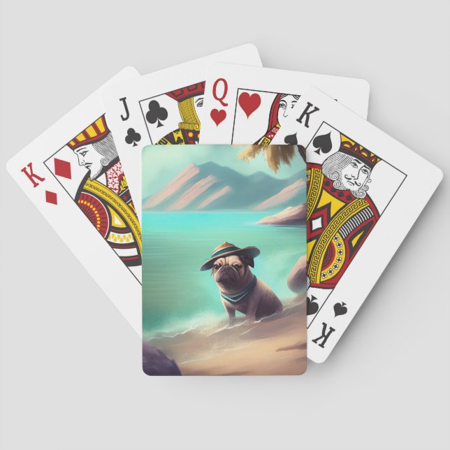 Mops som njuter på stranden målar konst casinokort (Baksidan)