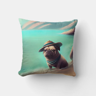 Mops som njuter på stranden målar konst kudde