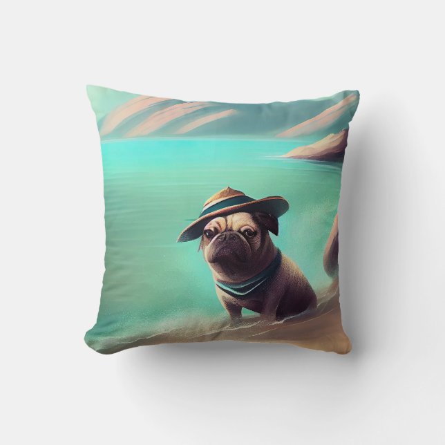 Mops som njuter på stranden målar konst kudde (Framsida)