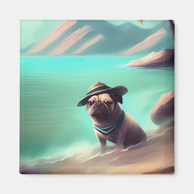 Mops som njuter på stranden målar konst magnet (Framsidan)