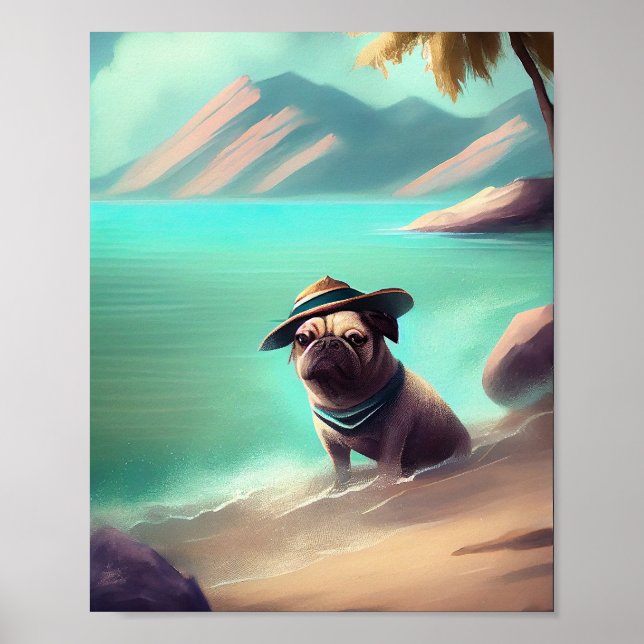 Mops som njuter på stranden målar konst poster (Framsidan)