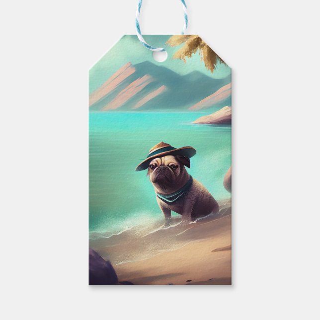 Mops som njuter på stranden målar konst presentetikett (Framsidan)