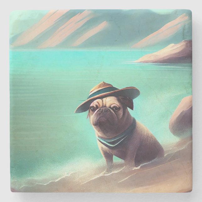 Mops som njuter på stranden målar konst stenunderlägg (Framsidan)
