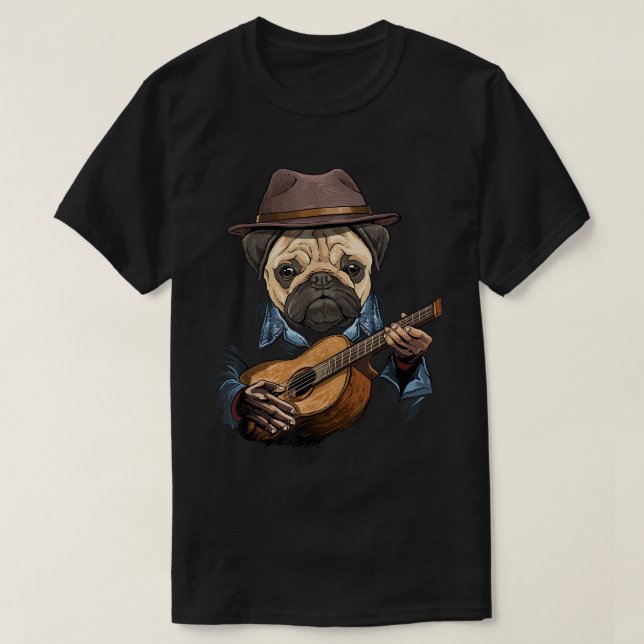 Mops som spelar gitarr Mops-mamma Mops-pappa Hundä T Shirt (Design framsida)