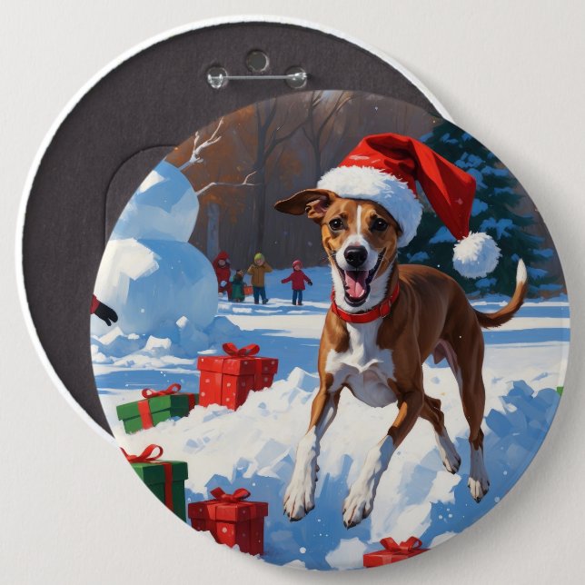 Mops som springer i snö med julhatt knapp (Framsida & baksida)