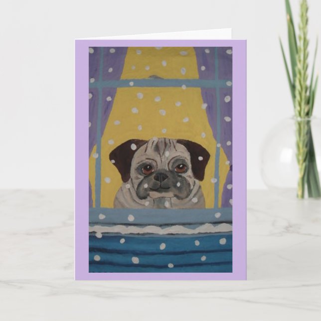 Mops som tittar på snön kort (Framsida)