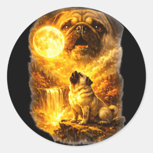 Mops som ylar mot månen episk skog fantasi runt klistermärke