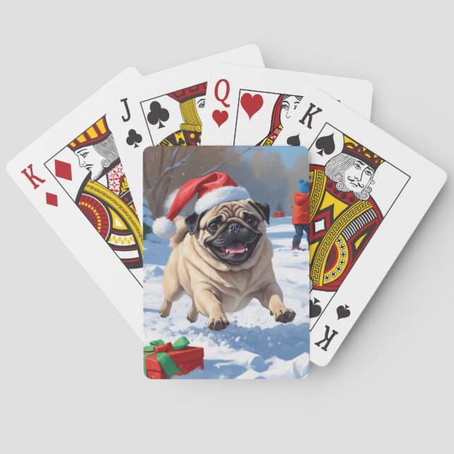 Mops springandes i snö med julhatt casinokort (Baksidan)